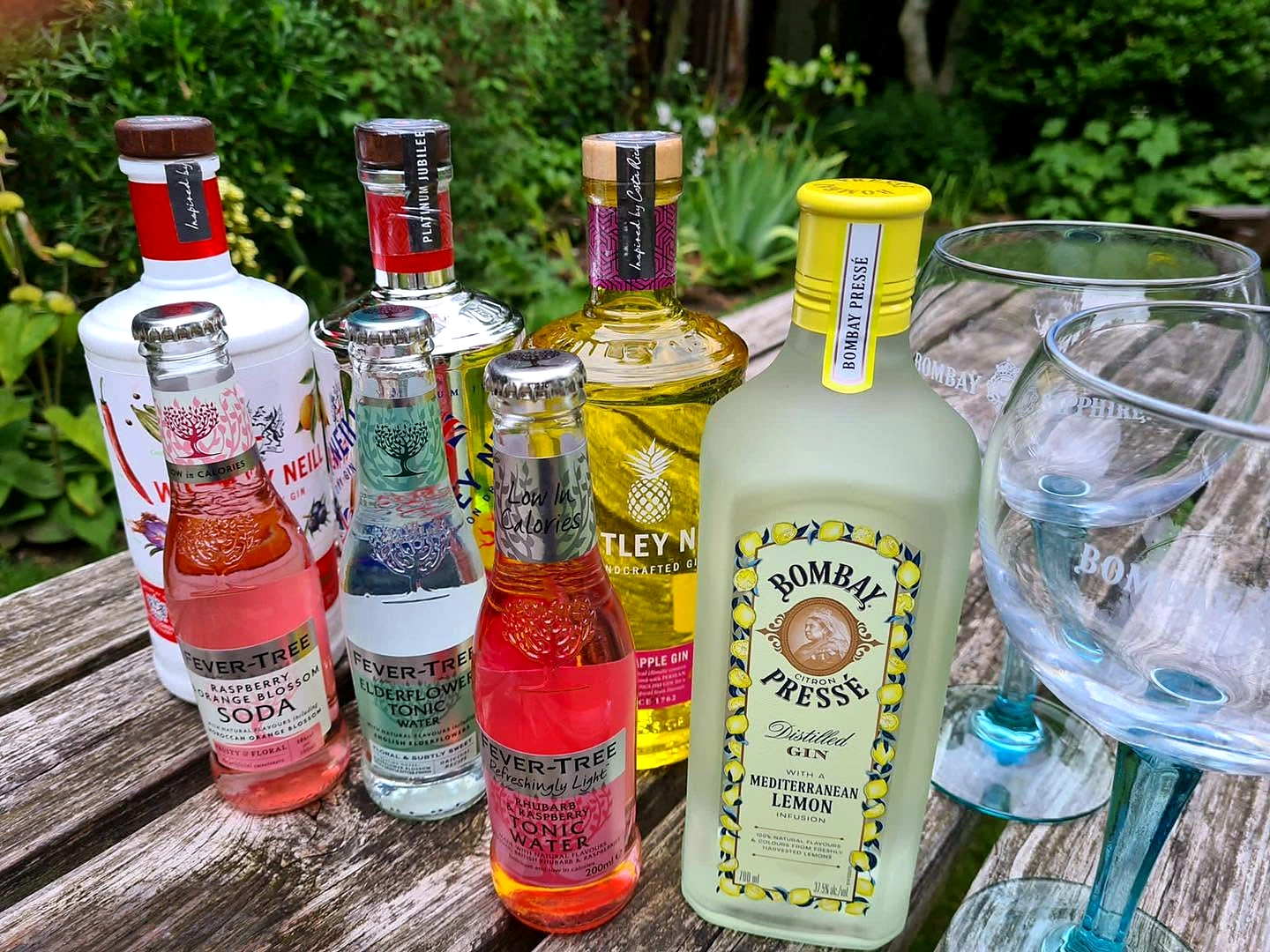 Gin bottles and glasses on a garden table